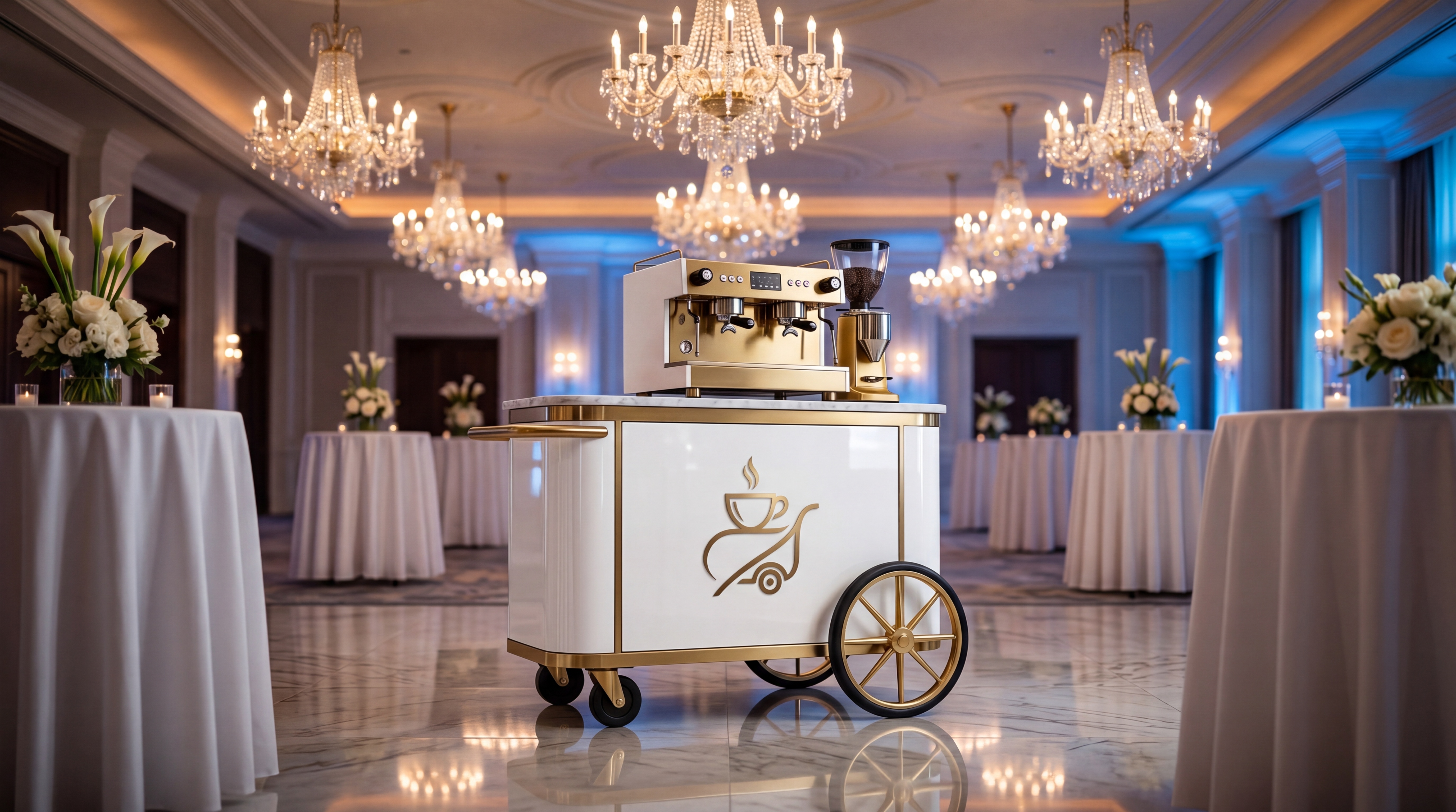 Alessandras Coffee cart inside a grand hotel ballroom during cocktail hour
