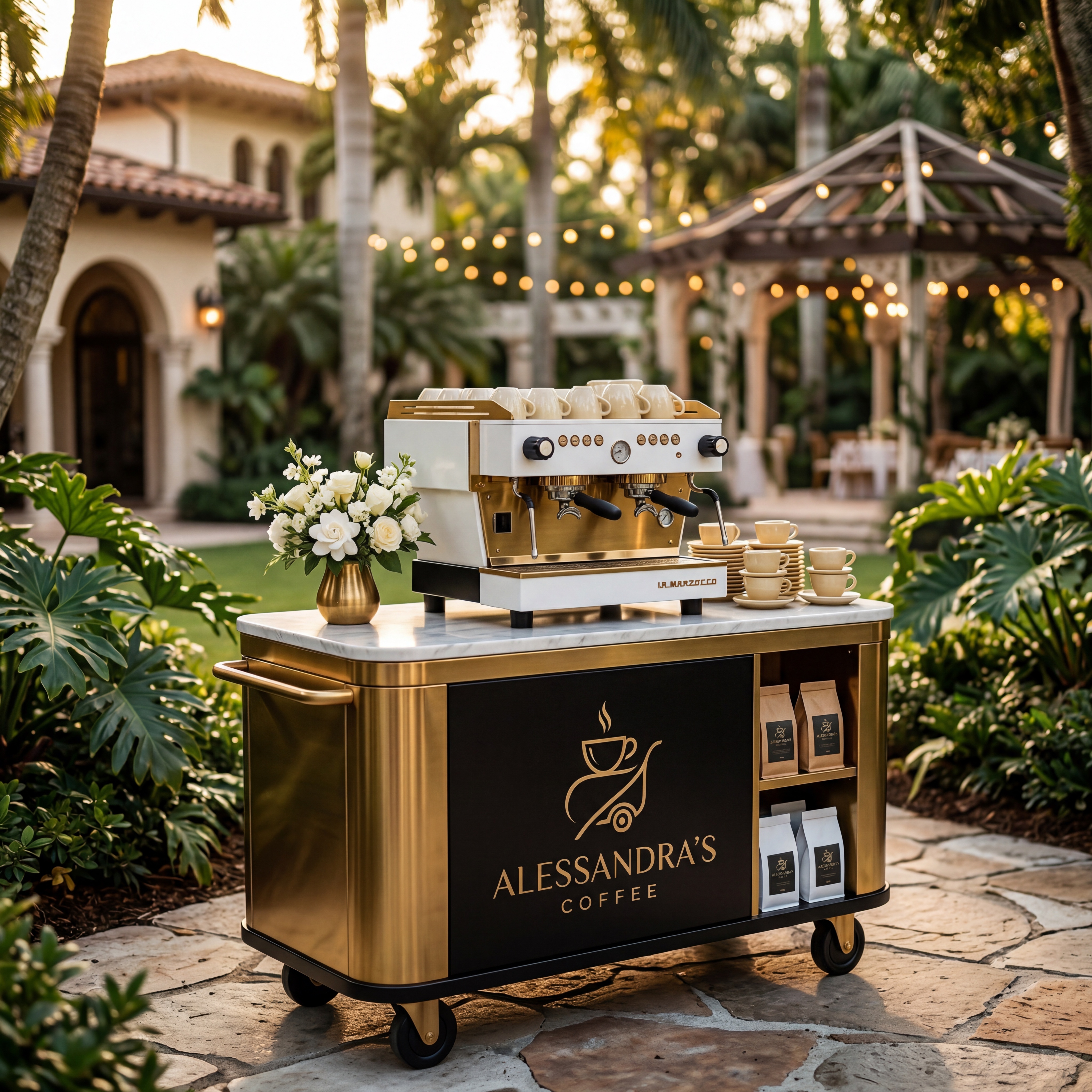 Alessandra's Coffee luxury mobile espresso cart dressed for a South Florida event