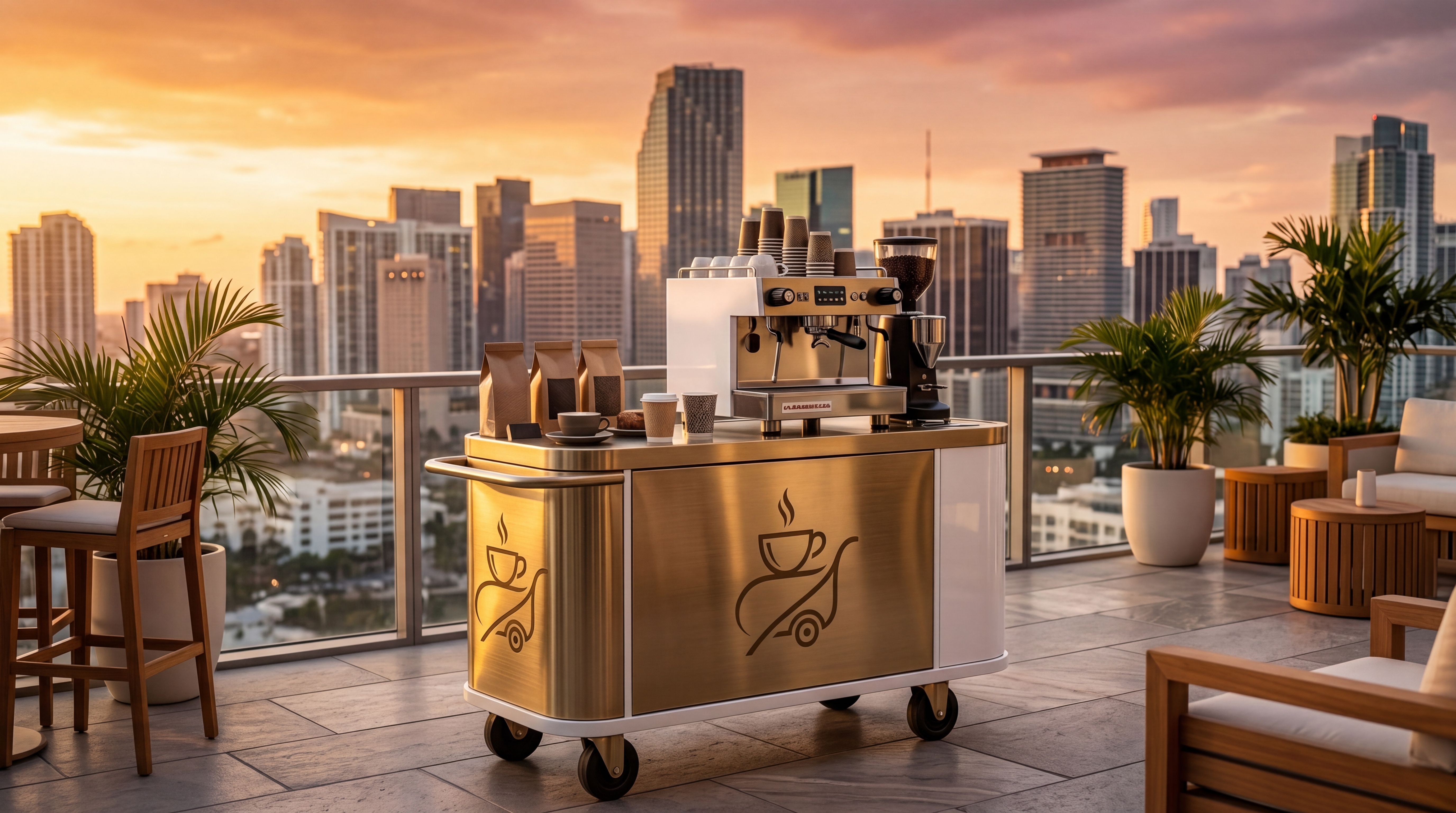 Alessandras Coffee cart on a rooftop with the Miami skyline at golden hour