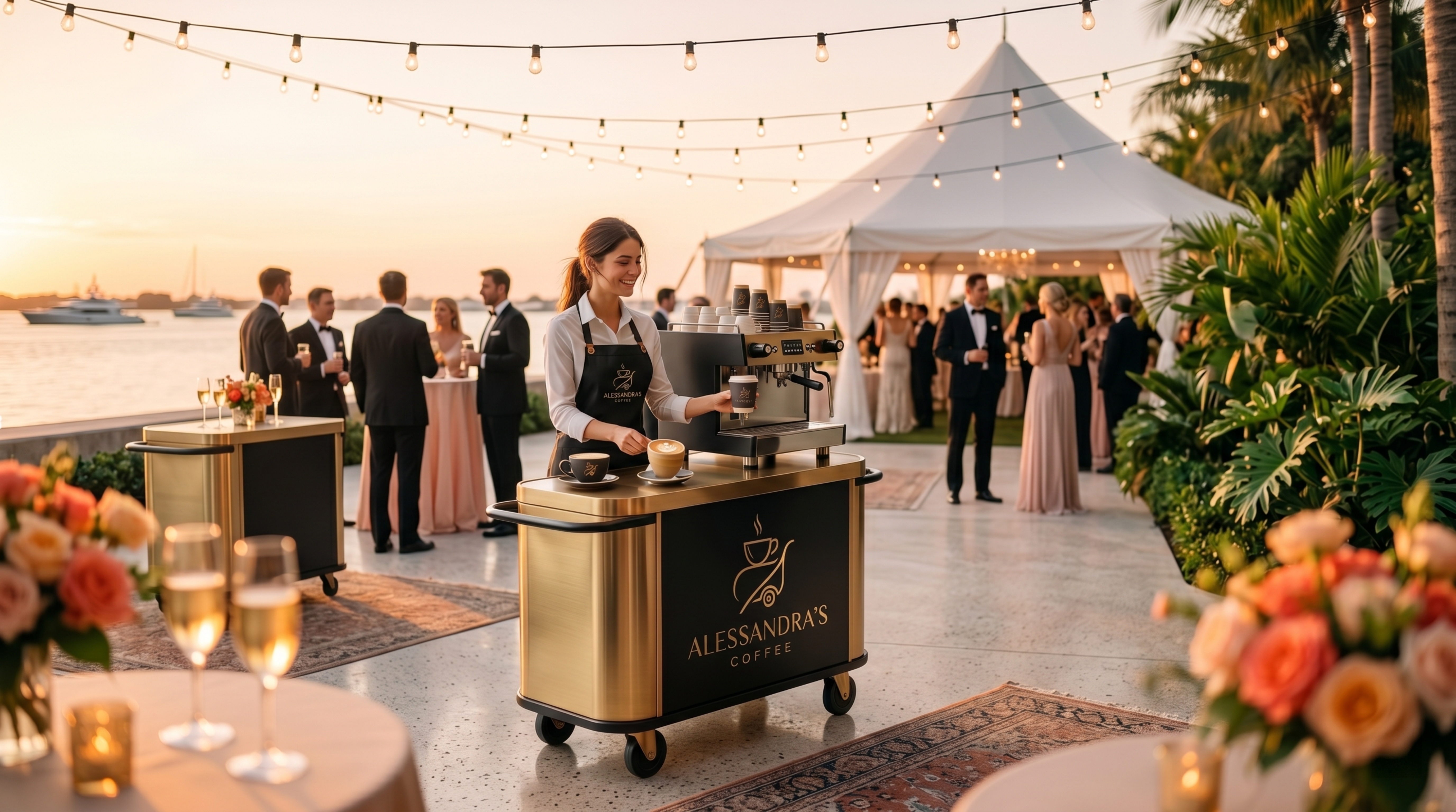 Alessandra's Coffee mobile espresso bar at a Palm Beach outdoor wedding